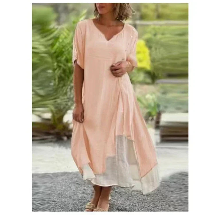 Women's Layered Midi Dress Short Sleeve V-Neck