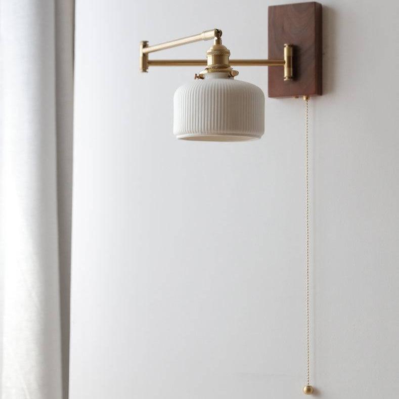 Ceramic Wall Lamp with Wooden Plate | Modern E26/E27 Sconce | Globe or Cylinder Shade | LED/Incandescent Included | Living Room Bedroom Hallway