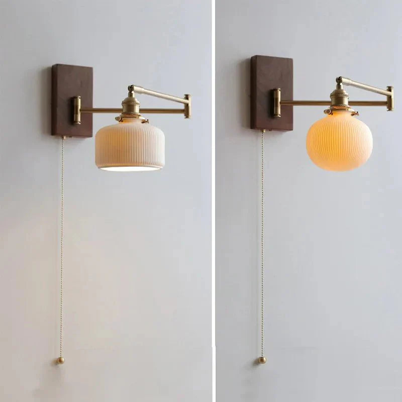 Ceramic Wall Lamp with Wooden Plate | Modern E26/E27 Sconce | Globe or Cylinder Shade | LED/Incandescent Included | Living Room Bedroom Hallway