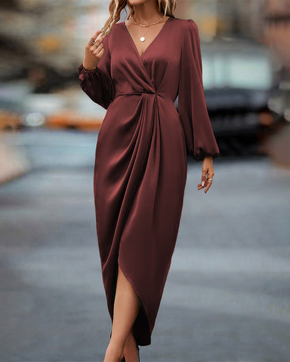 Nerise Calen. – Women’s V-Neck A-Line Midi Dress with Lantern Sleeves