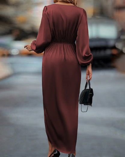 Nerise Calen. – Women’s V-Neck A-Line Midi Dress with Lantern Sleeves