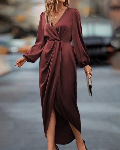 Nerise Calen. – Women’s V-Neck A-Line Midi Dress with Lantern Sleeves