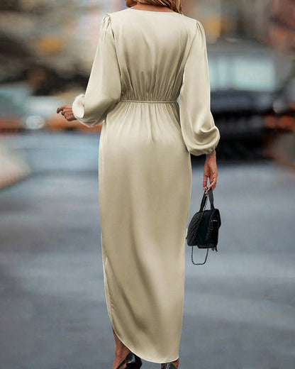 Nerise Calen. – Women’s V-Neck A-Line Midi Dress with Lantern Sleeves