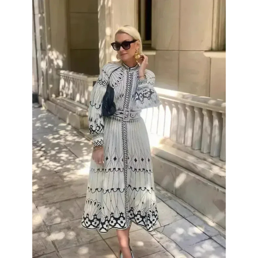 Kimberly | Damen Beiges Sommerkleid Midi Boho Print
