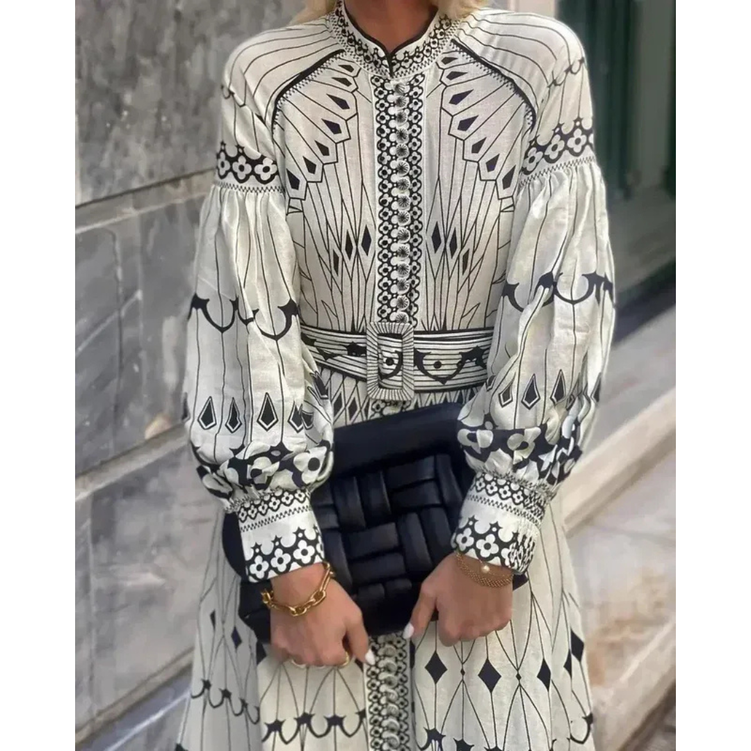 Kimberly | Damen Beiges Sommerkleid Midi Boho Print