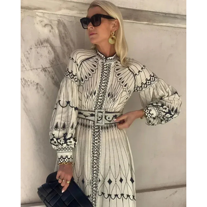 Kimberly | Damen Beiges Sommerkleid Midi Boho Print