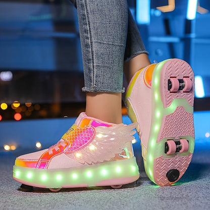 Kind Rolschoenen Met 4 Wielen En LED Verlichting | USB Oplaadbaar Met Vleugels Maat 29 - 37 - KidsKorner