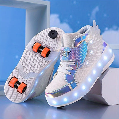 Kind Rolschoenen Met 4 Wielen En LED Verlichting | USB Oplaadbaar Met Vleugels Maat 29 - 37 - KidsKorner