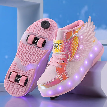 Kind Rolschoenen Met 4 Wielen En LED Verlichting | USB Oplaadbaar Met Vleugels Maat 29 - 37 - KidsKorner