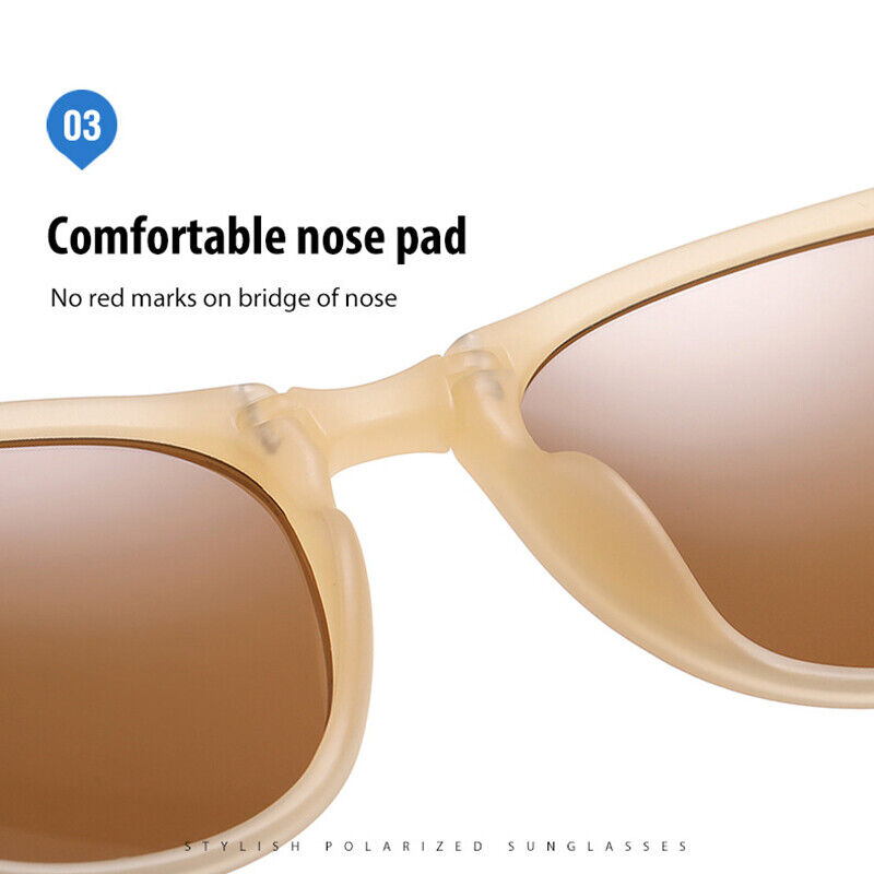 Beige Sonnenbrille mit polarisierten Gläsern und bequemen Nasenpads, modisch und funktional.