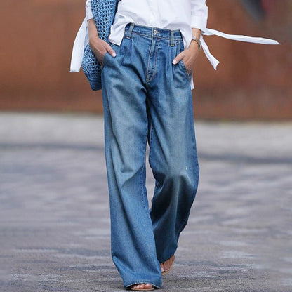 Women's High-Waisted Pleated Wide Leg Denim Jeans