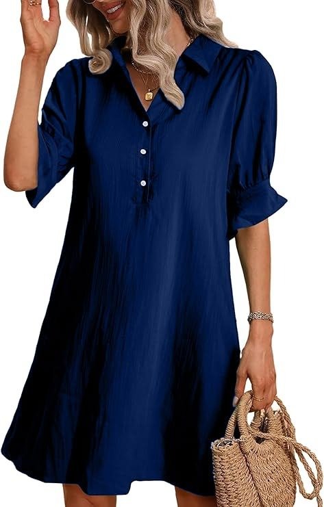 Women's Button-Down Shirt Dress 3/4 Sleeve Knee Length