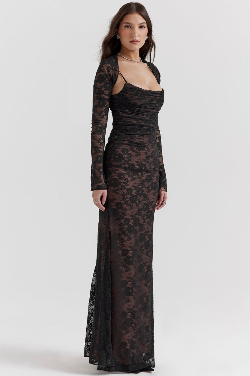 Isabella – Robe moulante élégante à manches longues et décolleté carré