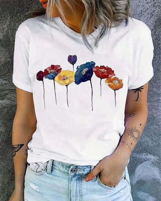 Leicht Damen T-Shirt mit Blumenprint | Sommer Kurzarm