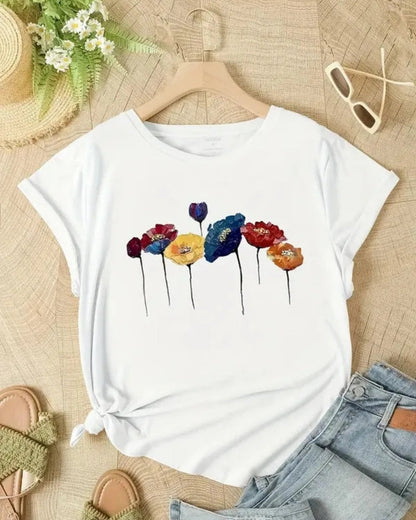 Leicht Damen T-Shirt mit Blumenprint | Sommer Kurzarm