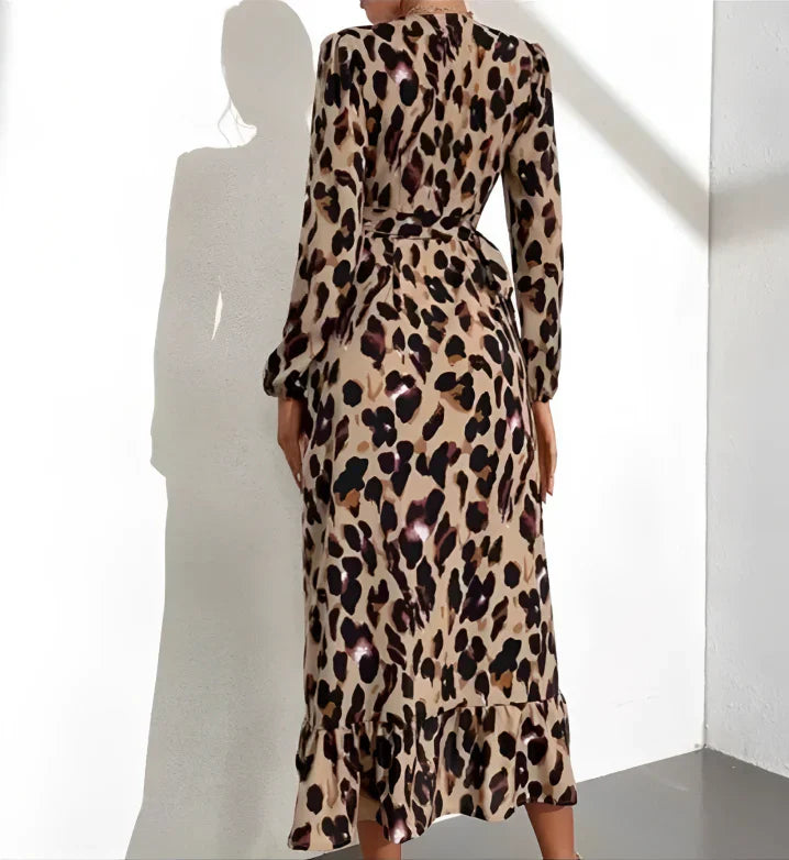 Robe Midi Élégante Femme Imprimé Léopard – Col V Style Maxi Portefeuille