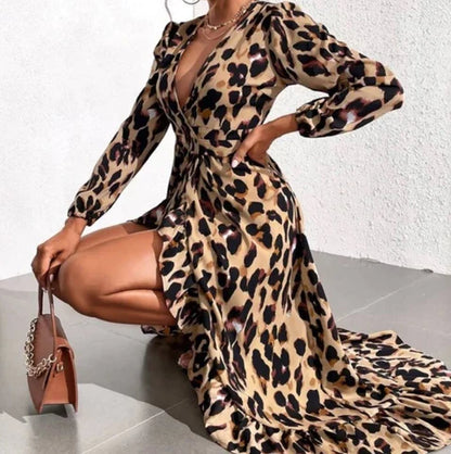 Robe Midi Élégante Femme Imprimé Léopard – Col V Style Maxi Portefeuille