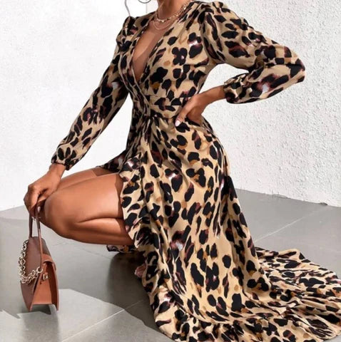 Women’s Leopard Print Dress – Elegant V Neck A Line Midi Stylish Casual Occasion Wear