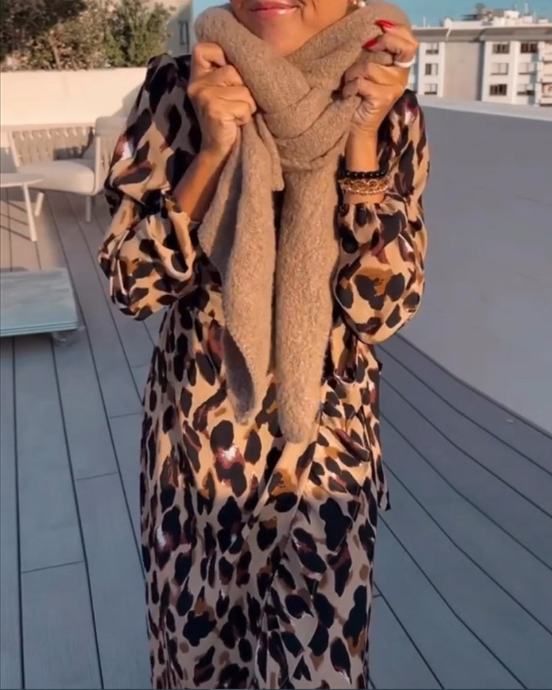 Women’s Leopard Print Dress – Elegant V Neck A Line Midi Stylish Casual Occasion Wear