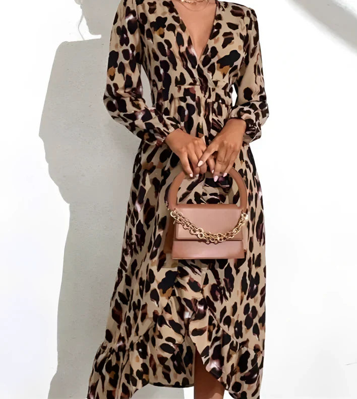 Robe Midi Élégante Femme Imprimé Léopard – Col V Style Maxi Portefeuille