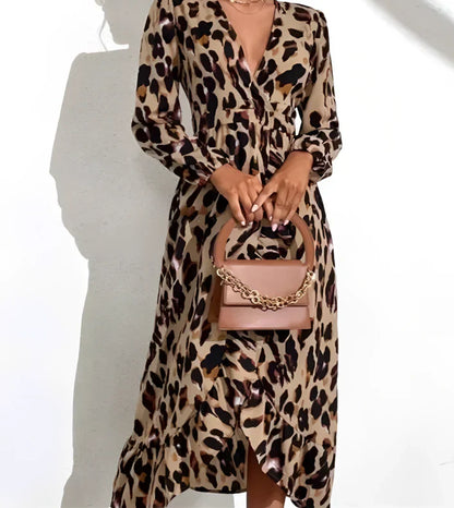 Robe Midi Élégante Femme Imprimé Léopard – Col V Style Maxi Portefeuille
