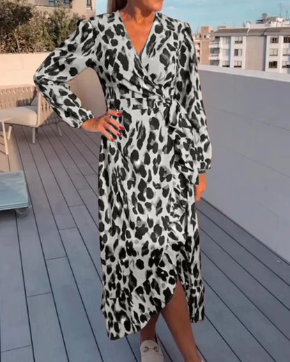 Robe Midi Élégante Femme Imprimé Léopard – Col V Style Maxi Portefeuille