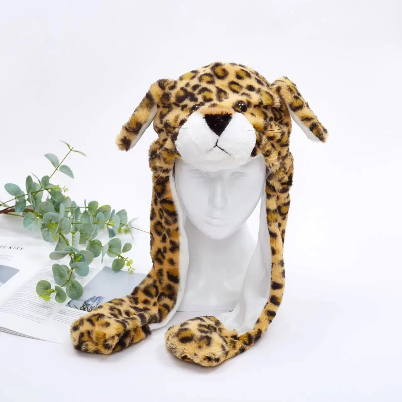 Leopardenmütze aus Plüsch, Tiermütze mit Ohren, warm, modisch, für Kinder und Erwachsene.