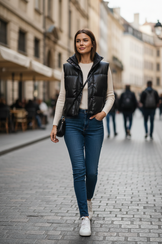 Lifestyle productfoto gladde leren bodywarmer