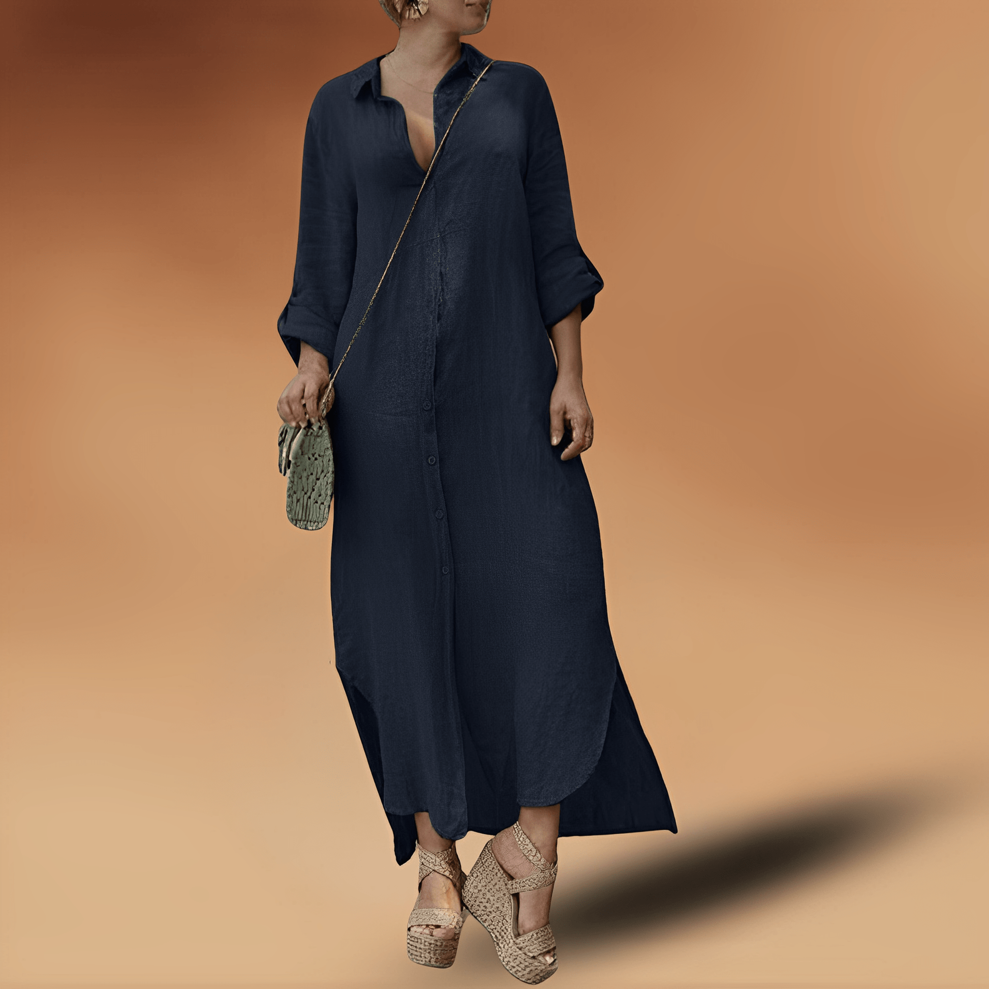 Linen Letnia Sukienka - Maya-Ciemnoniebieski-XS-Trend Polska