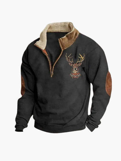 Sweatshirt til mænd med kvart lynlås – afslappet stil med broderet hjortemotiv