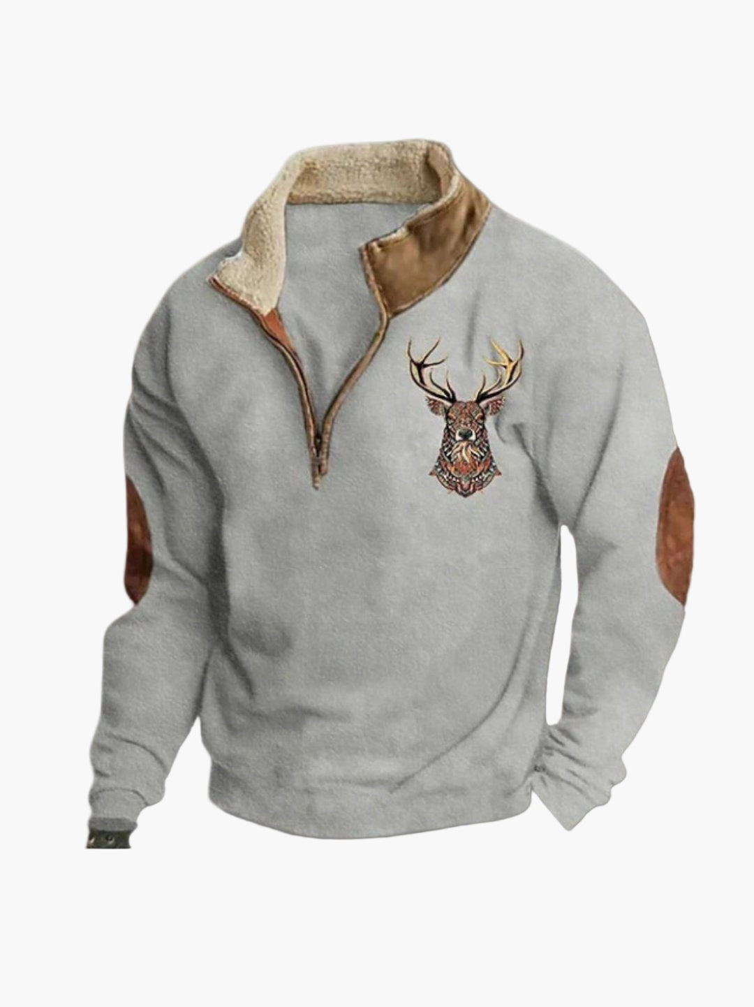 Sweatshirt til mænd med kvart lynlås – afslappet stil med broderet hjortemotiv