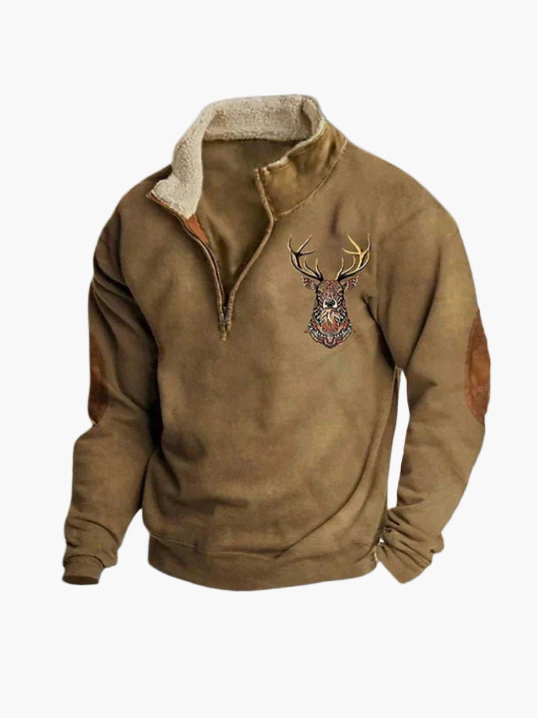 Sweatshirt til mænd med kvart lynlås – afslappet stil med broderet hjortemotiv