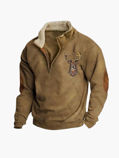 Sweatshirt til mænd med kvart lynlås – afslappet stil med broderet hjortemotiv