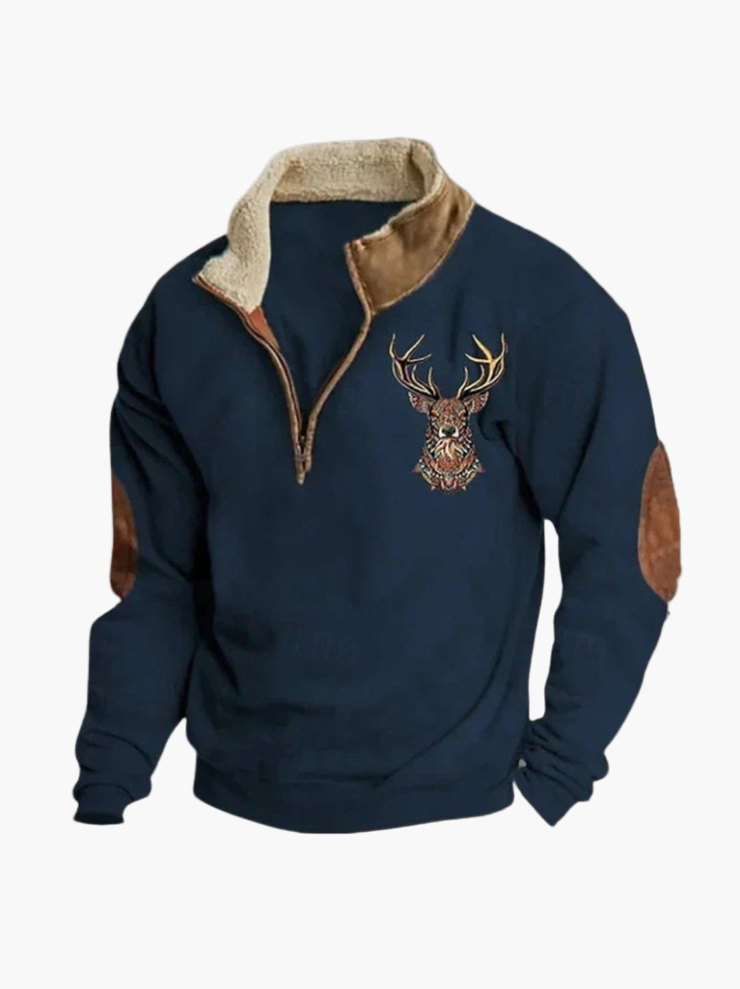 Sweatshirt til mænd med kvart lynlås – afslappet stil med broderet hjortemotiv