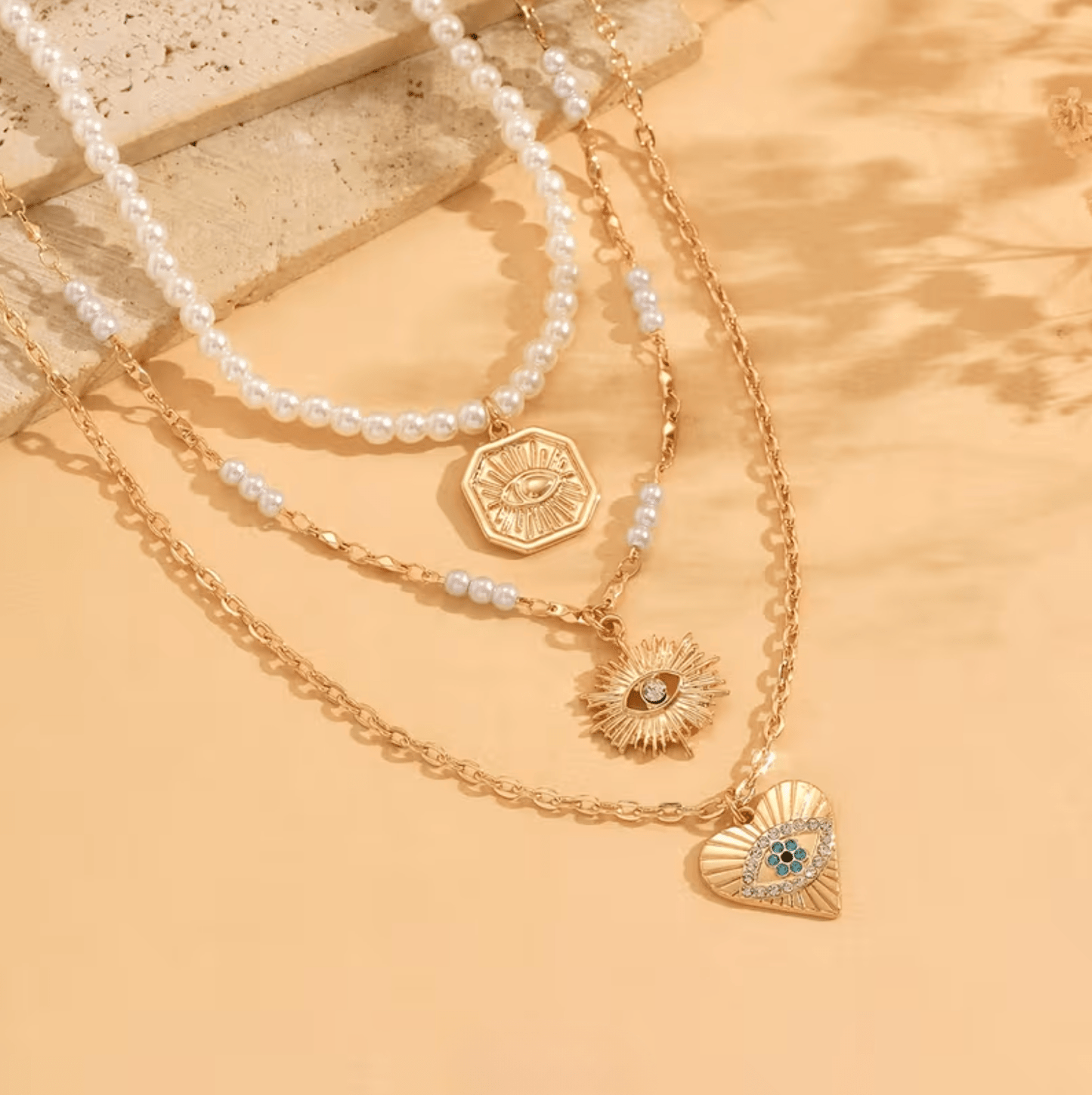 Lumière Layered Ketting | 18K Goldplated | Evil Eye | Parel