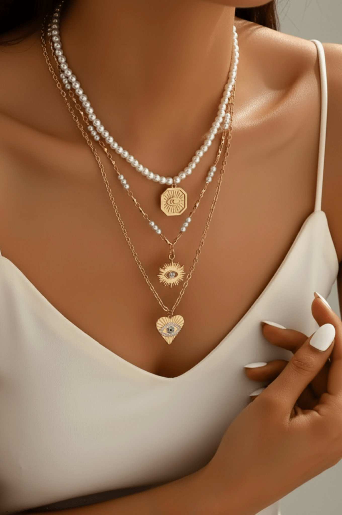 Lumière Layered Ketting | 18K Goldplated | Evil Eye | Parel