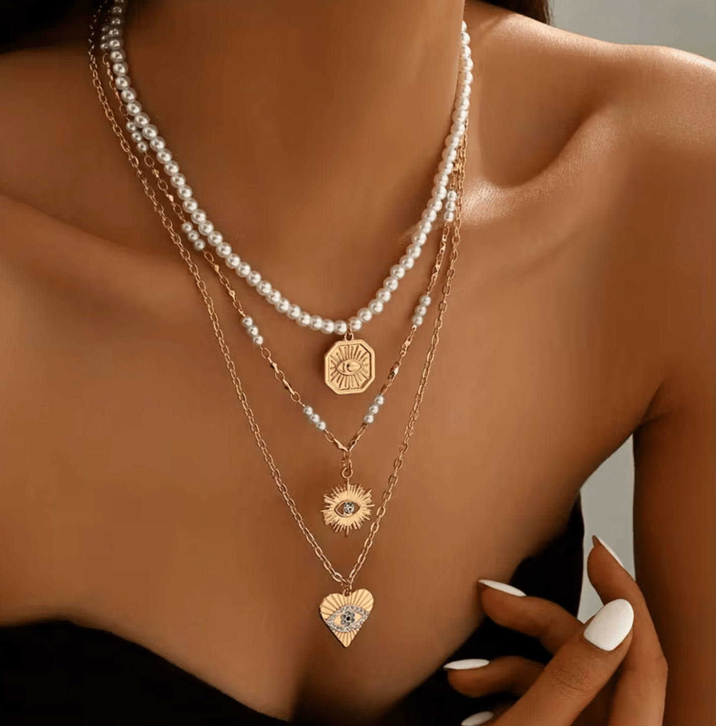 Lumière Layered Ketting | 18K Goldplated | Evil Eye | Parel