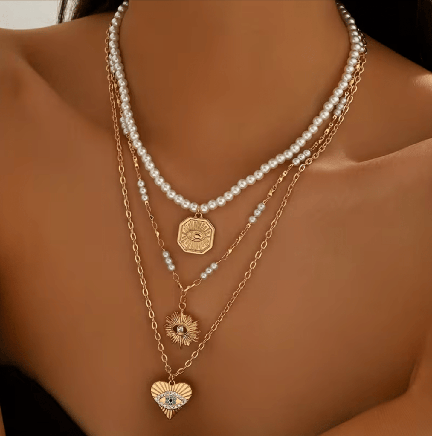 Lumière Layered Ketting | 18K Goldplated | Evil Eye | Parel