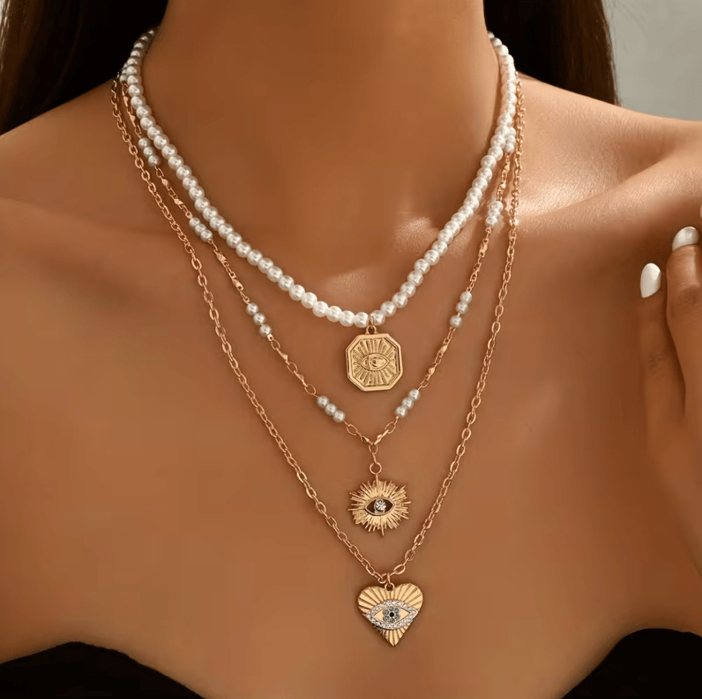 Lumière Layered Ketting | 18K Goldplated | Evil Eye | Parel