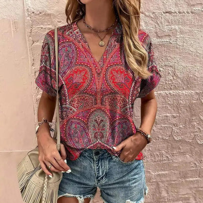 Hysora | Ademende V-hals top voor dames – korte mouwen, paisley bloemenprint, casual blouse