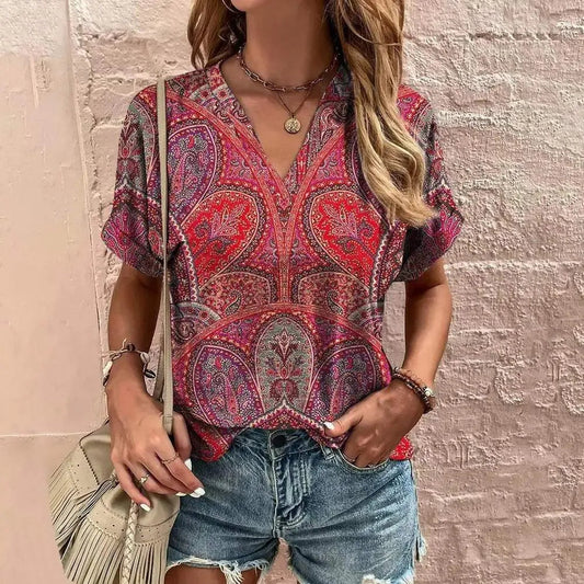 Hysora | Ademende V-hals top voor dames – korte mouwen, paisley bloemenprint, casual blouse
