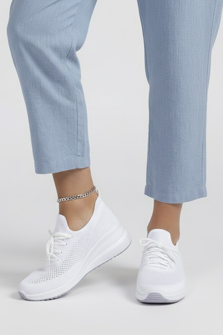Women's Sneakers with Knitted Upper and Layered Sole in White - View 3.0 | Roselva