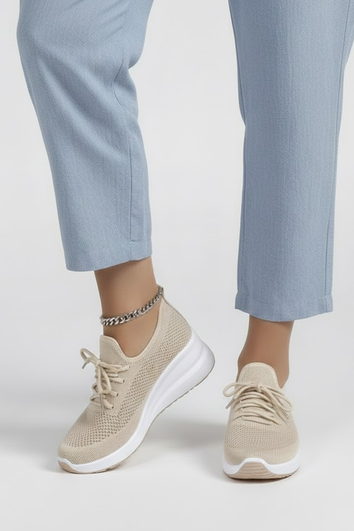 Women's Sneakers with Knitted Upper and Layered Sole in White - View 5.0 | Roselva