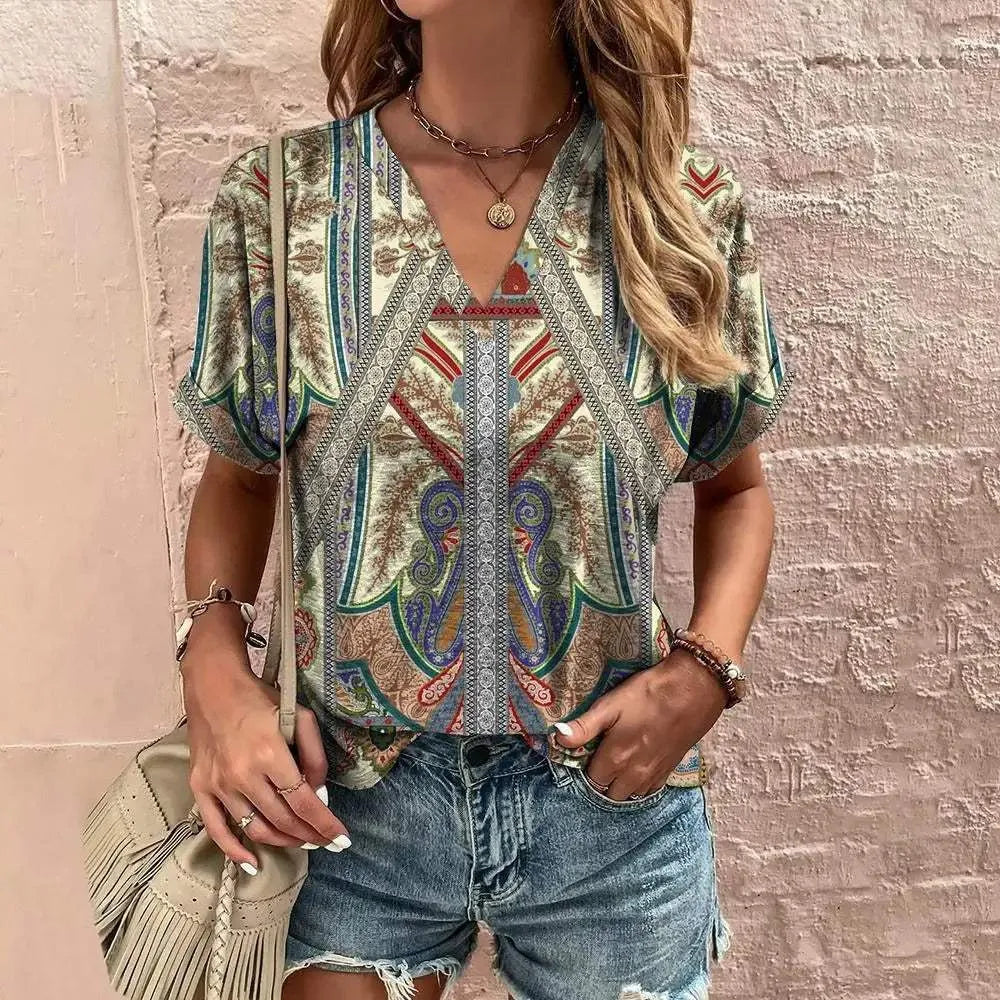 Hysora | Ademende V-hals top voor dames – korte mouwen, paisley bloemenprint, casual blouse