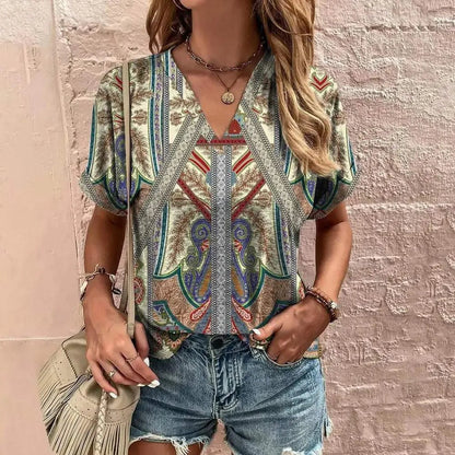 Hysora | Ademende V-hals top voor dames – korte mouwen, paisley bloemenprint, casual blouse