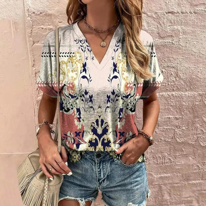 Hysora | Ademende V-hals top voor dames – korte mouwen, paisley bloemenprint, casual blouse