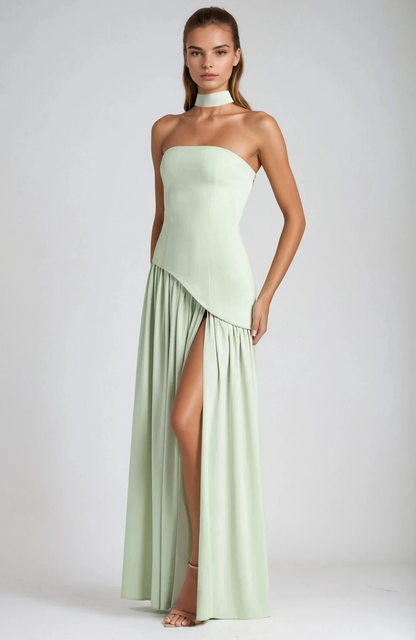 VESTIDO LARGO ASIMÉTRICO CUELLO HALTER - Veska 