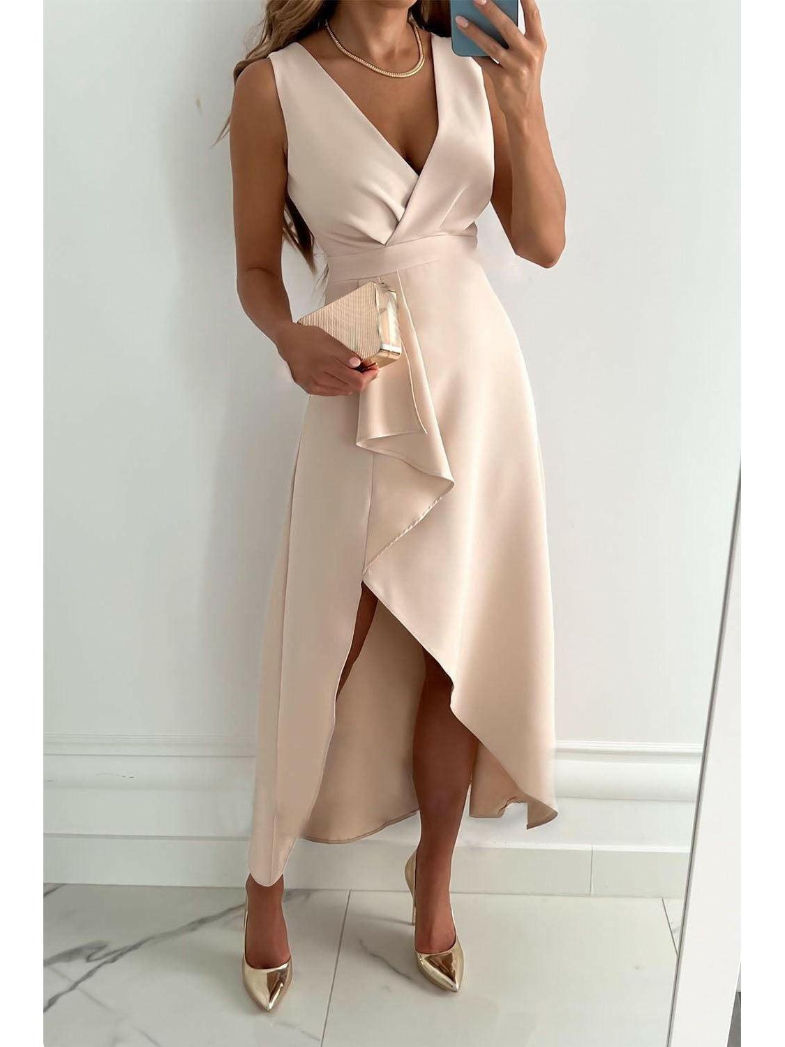Charlotte | Women's Midi Dress With V-Neck And Asymmetric Hem | Elegant