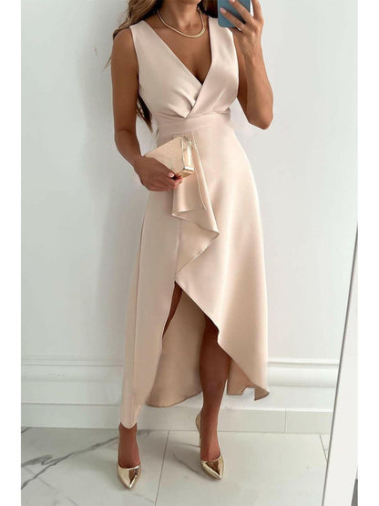 Charlotte | Women's Midi Dress With V-Neck And Asymmetric Hem | Elegant