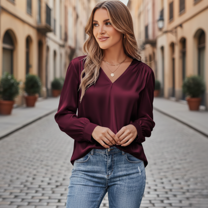 Damen Satinbluse mit V-Ausschnitt und Langarm